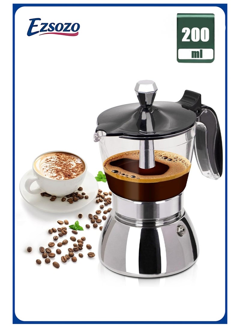 EZSOZO Clear Plastic Moka， Pot 4 Cup 200ml Stainless Steel Coffee Maker ，Uncoated Stovetop Espresso Coffee maker Italian Classic Style Brewing Greca Cafe Mocha Machine for Cafeteras Camping Travel Home Use - Image 1